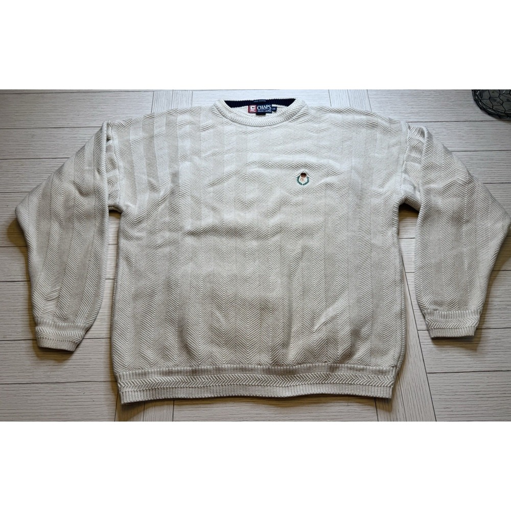 Vintage Ralph Lauren Chaps Knit Sweater Mens XXL Cream Hand Framed 90s Crewneck
